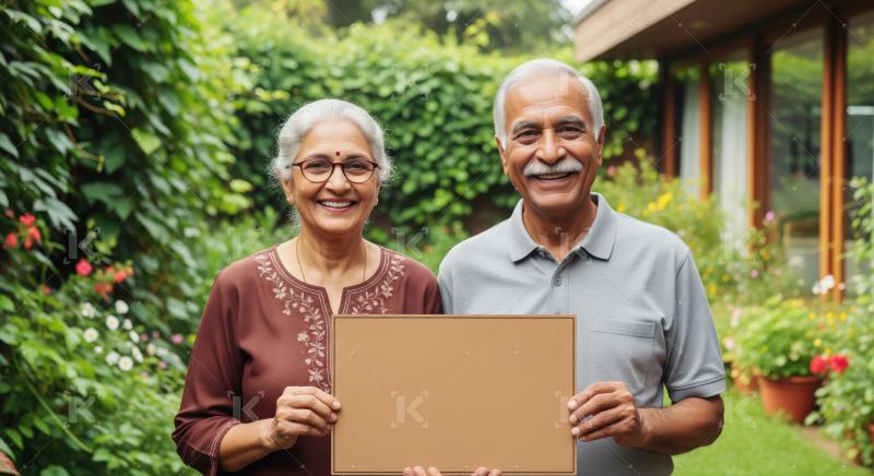 Smiling senior Indian couple holding an empty board outdoors.