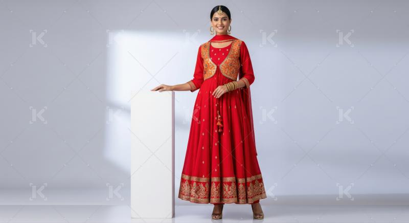 Elegant Indian woman in vibrant red traditional Anarkali dress.