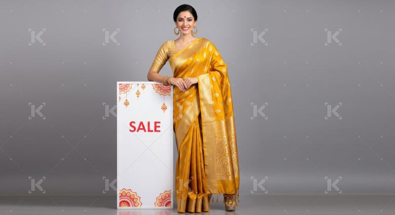 Beautiful Indian woman in traditional saree promotes festive sale event.