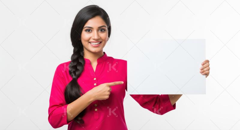 Happy young woman displaying an empty board for your message.