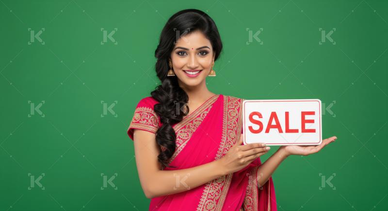 Cheerful Indian woman promotes sale with a joyful smile.