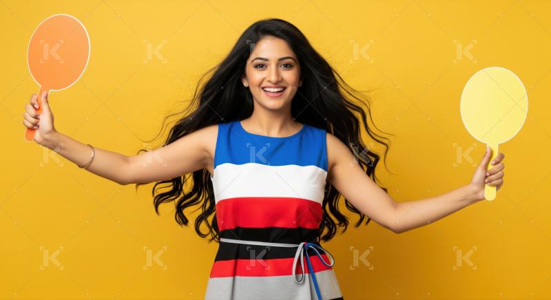 Young Indian woman joyfully holds two colorful blank signs.