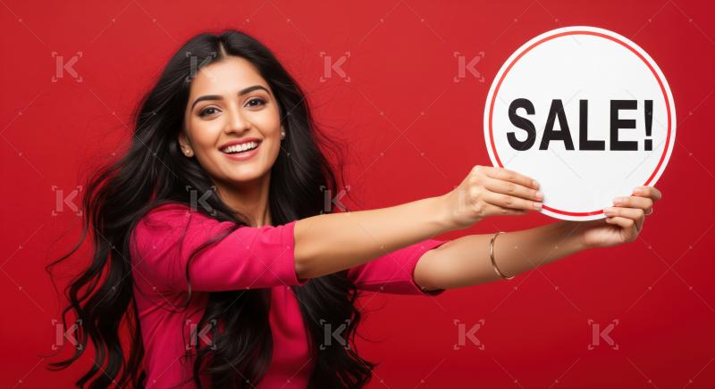 Happy lady promotes discounts, celebrating special offers and deals now.