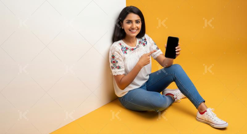 Joyful woman displays empty phone screen, advertising potential.