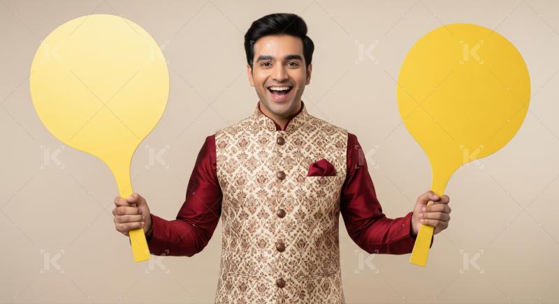 Cheerful Indian man in ethnic wear holds bright yellow paddles.