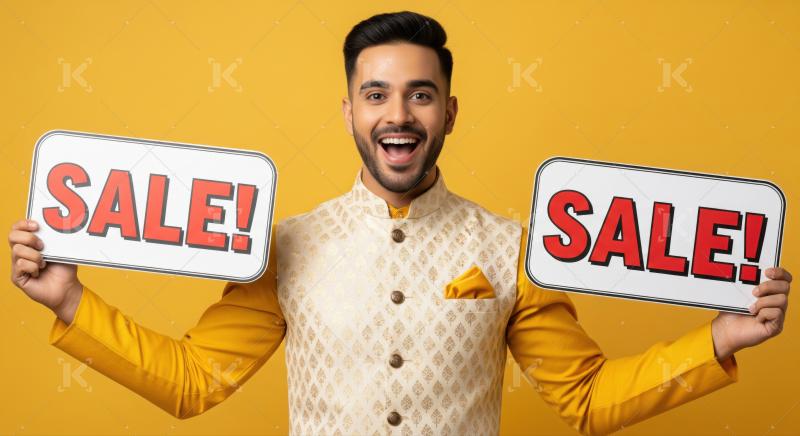 Excited Indian man cheerfully promotes sale holding two signs.