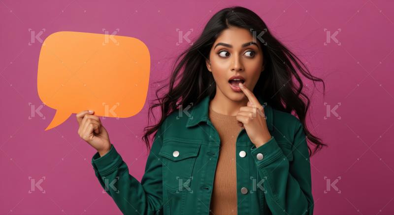 A surprised young woman holds a blank speech bubble, pondering ideas.