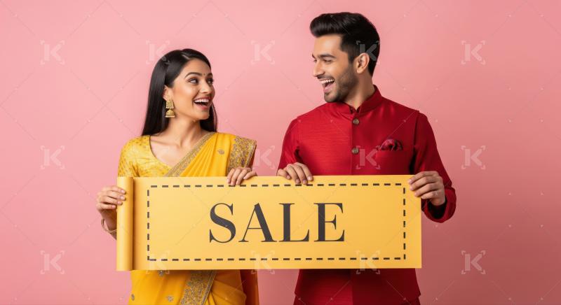 Happy Indian couple promotes exciting festive season discounts together.