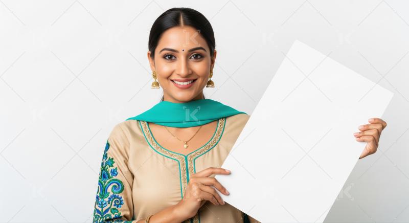 Happy Indian woman displaying blank white board with copy space.