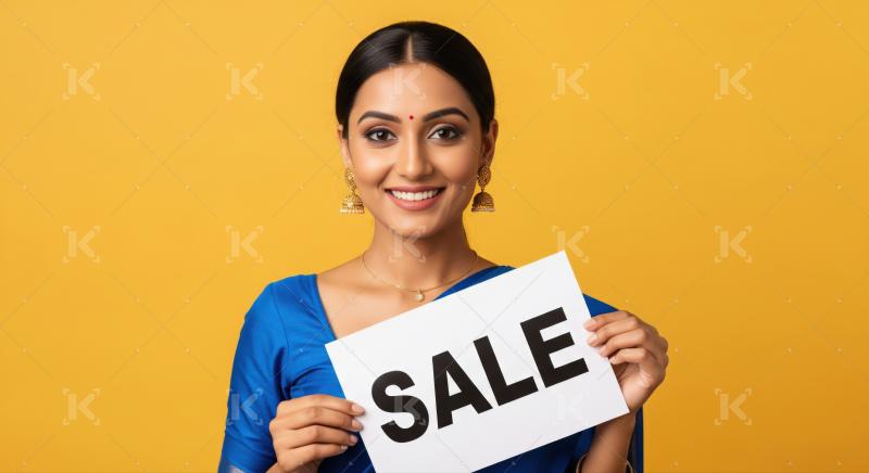 Beautiful Indian woman excitedly promotes sales and special offers.