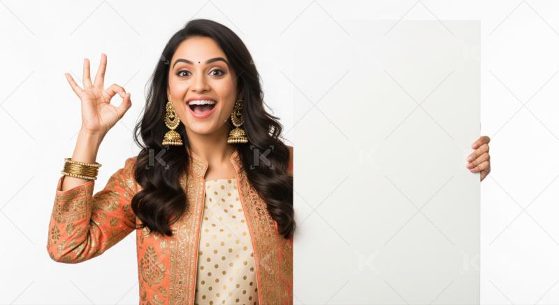 Joyful Indian woman displays approval with blank white sign.
