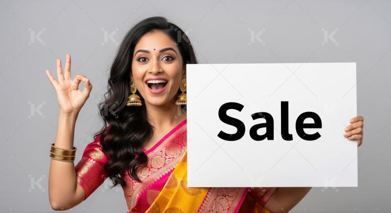 Joyful Indian woman advertises a sale with an enthusiastic gesture.