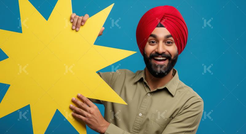 Joyful man smiling brightly, holding a vibrant star shape.