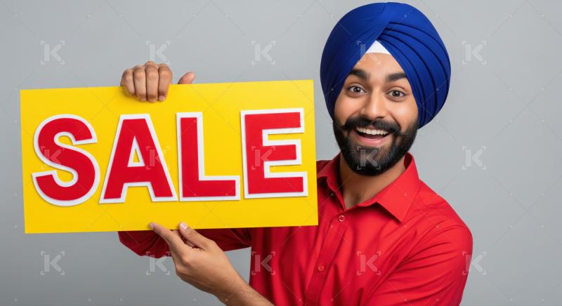 Joyful Indian man enthusiastically displays a bright yellow sale sign.