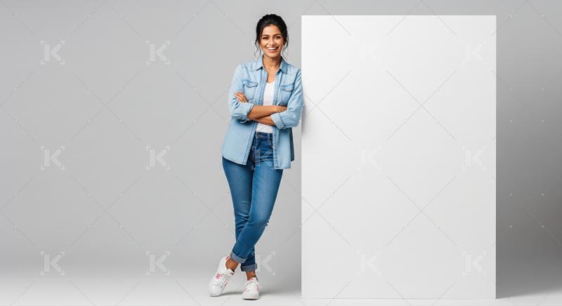 Smiling young woman presenting empty white advertisement board for text.