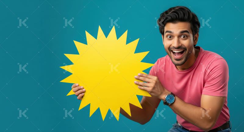 Happy man reveals a blank yellow starburst sign.