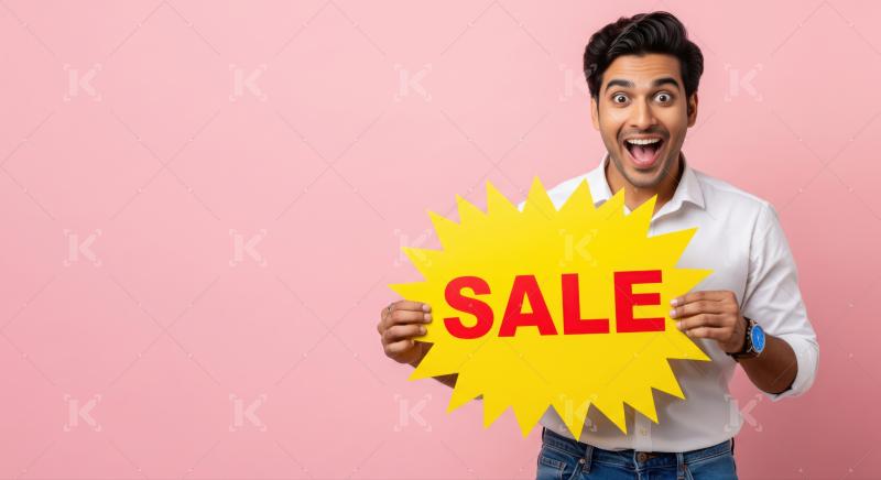 Young man enthusiastically advertises big sale discounts on pink background.