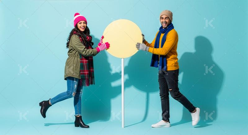 Young man enthusiastically advertises big sale discounts on pink background.