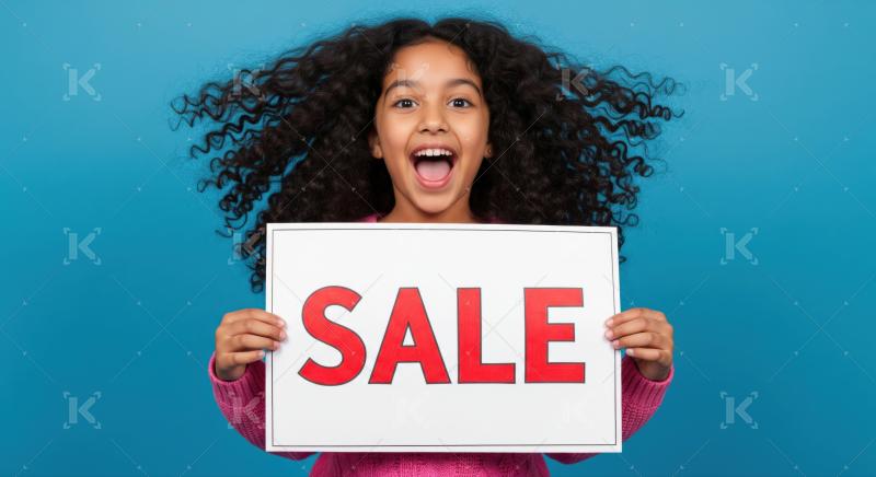Happy child joyfully promotes discount with a big smile.