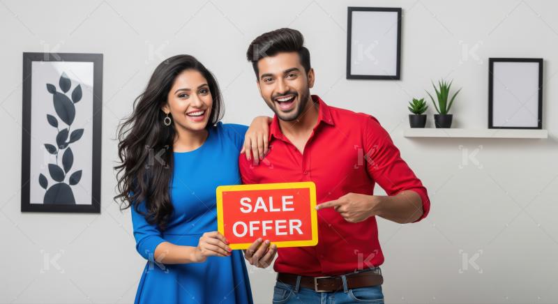 Excited Indian couple shows a "SALE OFFER" sign happily.