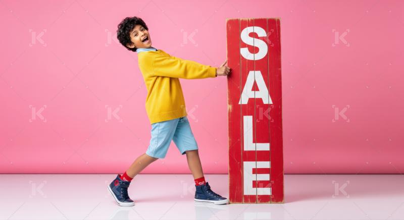 Young boy happily promotes sale with large red sign.