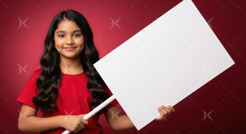Happy young Indian girl holds a blank white sign.