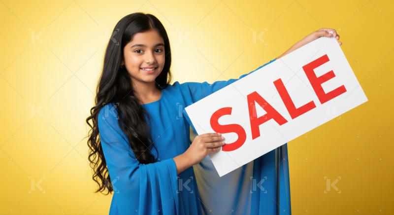 Cheerful child advertises discount event on vibrant yellow background.