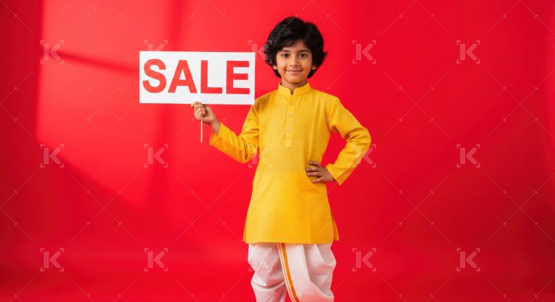 Young Indian boy promoting sale in traditional yellow attire.