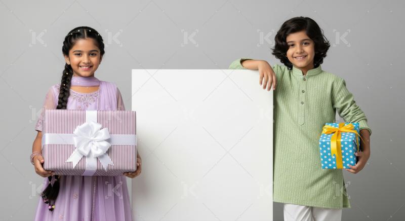Joyful Indian children presenting gifts with ample copy space.