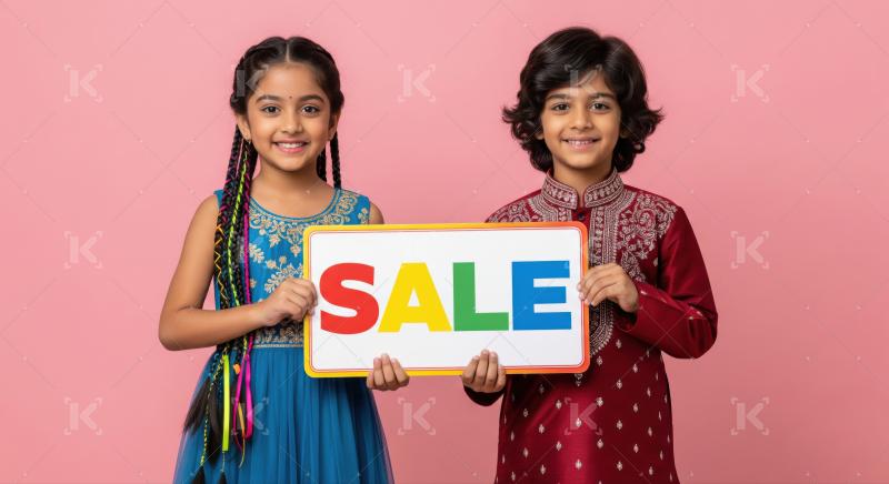 Smiling Indian kids holding a "SALE" sign for promotions.