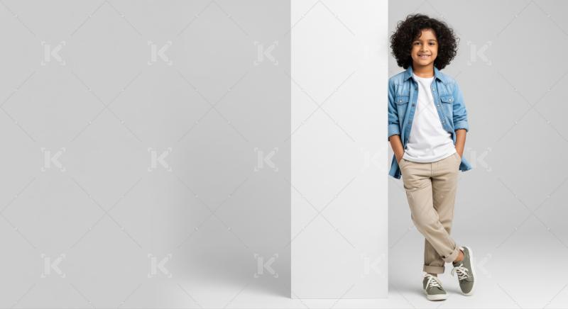 Cheerful young boy confidently stands by a blank advertising display.