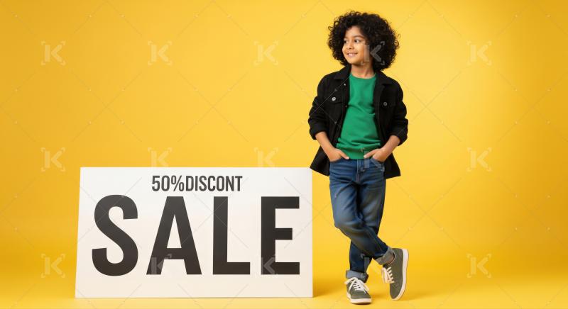 Smiling boy advertising a 50% discount sale on yellow background.