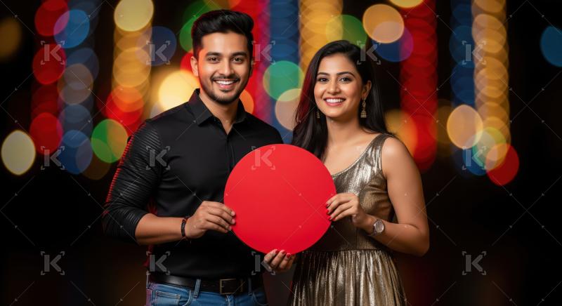Smiling young Indian couple holding blank red sign happily.