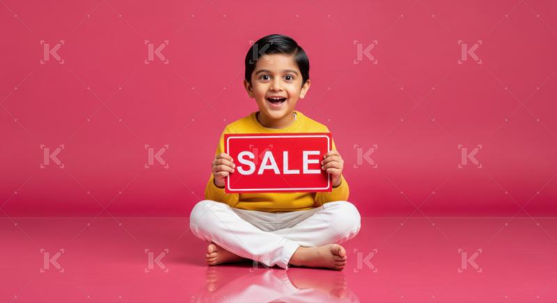 Cheerful young boy holds a red sale sign happily.