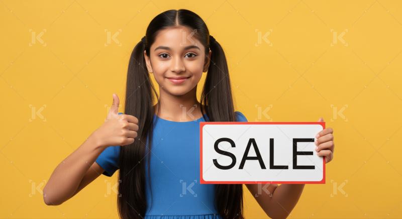 Happy young girl promoting sale with thumbs up gesture.