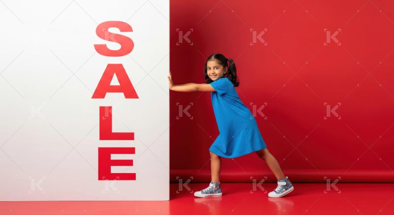 Cheerful child actively pushing large SALE sign against vibrant red backdrop.