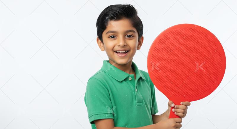 Cheerful child in green polo shirt, holding a red paddle.