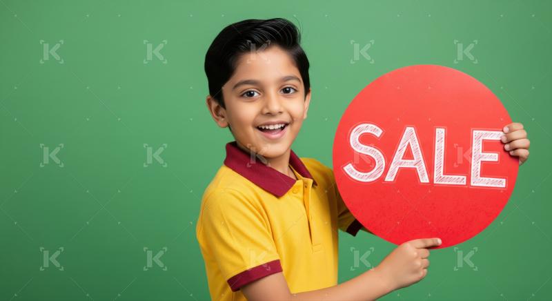 Cheerful child proudly displays a vibrant red sale announcement.