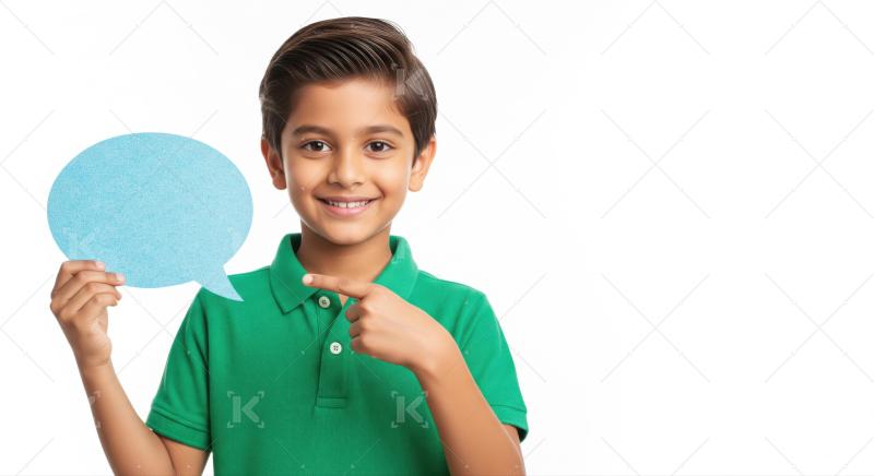 Cheerful child points at speech bubble on white background.