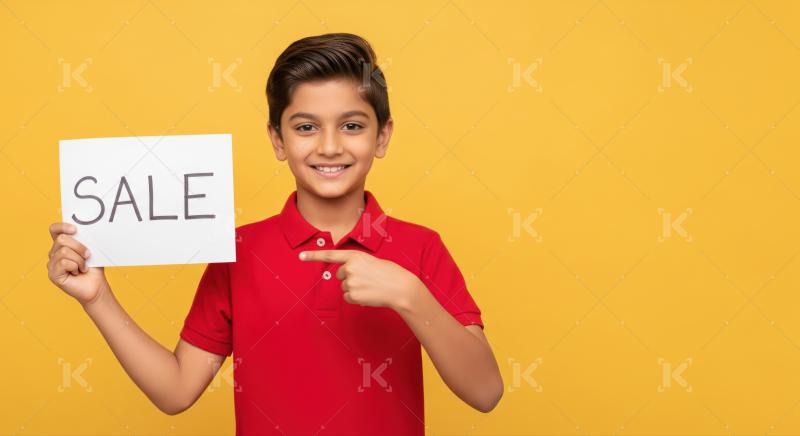 Happy kid holds "SALE" sign, points, promoting discount excitedly.