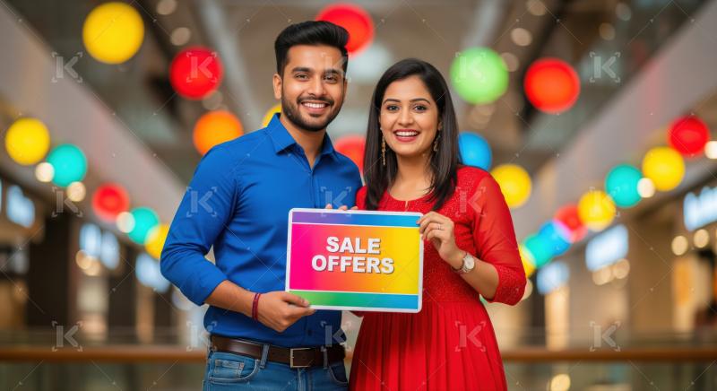 Happy young Indian couple holding a sale offers sign.