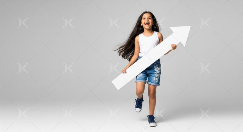 Cheerful child points white arrow, representing progress and bright future.