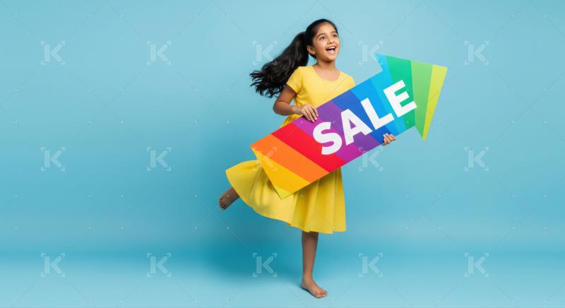 Excited child promotes discounts with vibrant upward arrow sign.