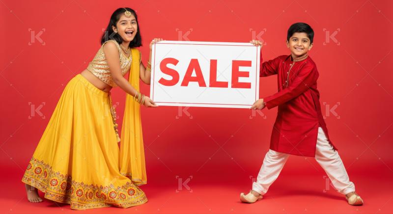 Joyful Indian children announce sale proudly in festive outfits.