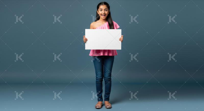 Surprised Indian girl holds blank sign with open mouth.