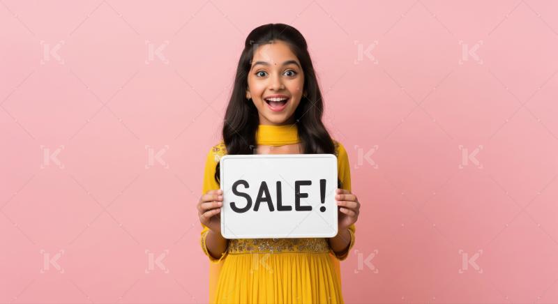 Joyful Indian child promotes a sale with a big smile.