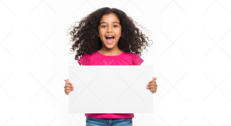 Young girl expresses excitement while holding blank white sign.