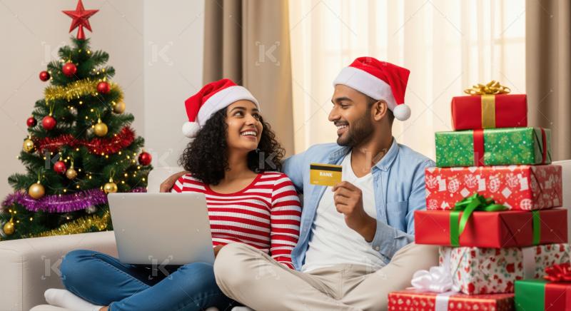 Joyful couple buys holiday gifts online with credit card.