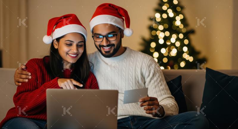 Joyful couple enjoys online shopping during the festive holiday season.