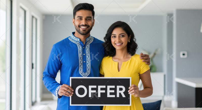 Smiling Indian couple celebrates new real estate offer in home.